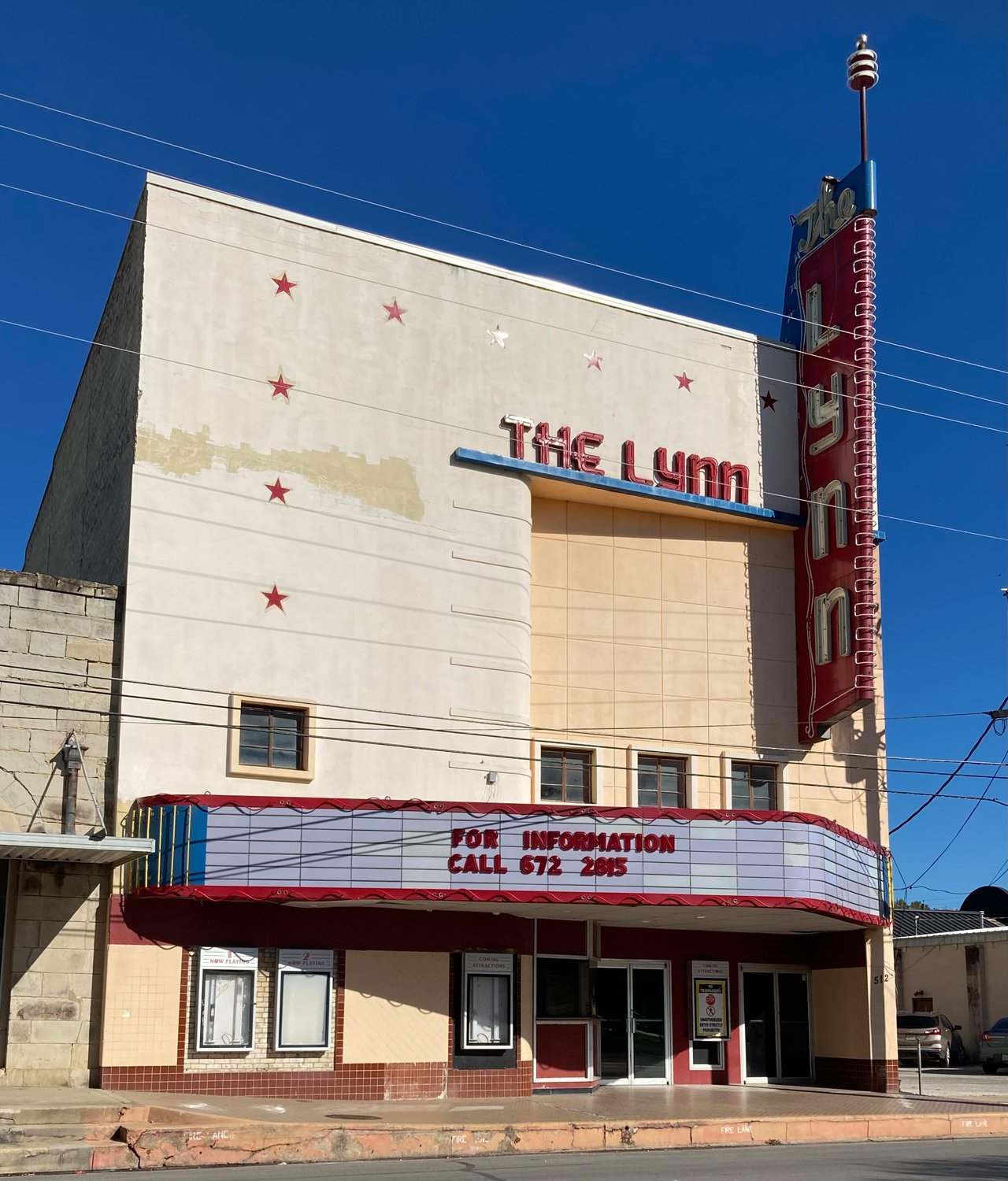 The Lynn Theatre stands out for its attractive marquee, though it remains closed since last year.